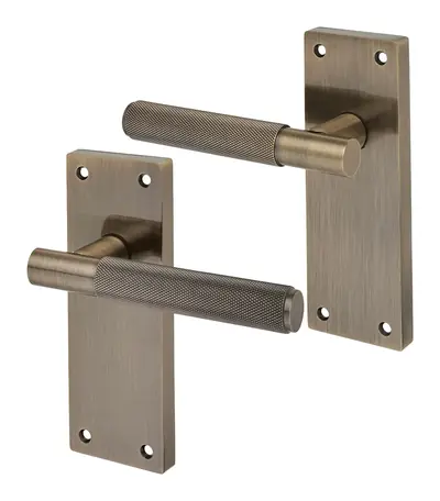 Dean Knurled lever door handle in antique brass (H20) – McKee Joinery, Ayrshire