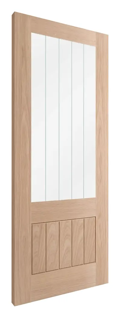 Irvine 1 Panel 1 Light Clear Glazed with Frosted Lines internal door in unfinished oak veneer (D04) – supplied and fitted by McKee Joinery, Ayrshire