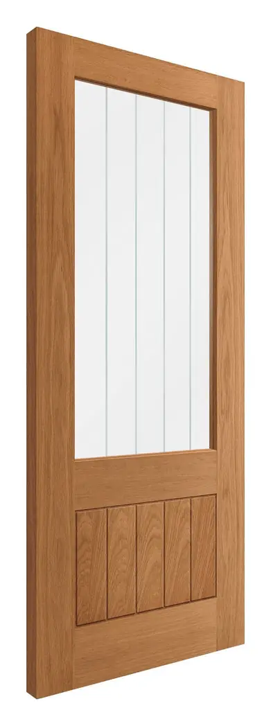 Irvine 1 Panel 1 Light Clear Glazed with Frosted Lines internal door in pre-finished oak veneer (D12) – supplied and fitted by McKee Joinery, Ayrshire