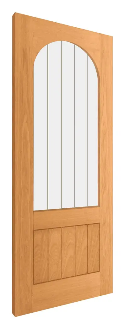 Irvine Arched 1 Panel 1 Light Clear Glazed with Frosted Lines internal door in pre-finished oak veneer (D16) – supplied and fitted by McKee Joinery, Ayrshire