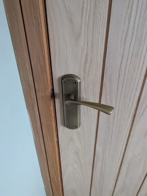 Close-up of the antique brass lever handle and backplate fitted to an oak veneered door