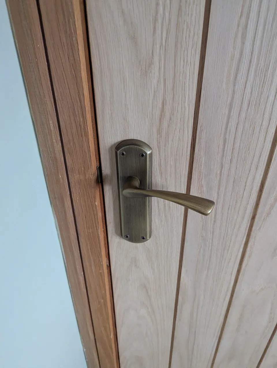 Close-up of the antique brass lever handle and backplate fitted to an oak veneered door