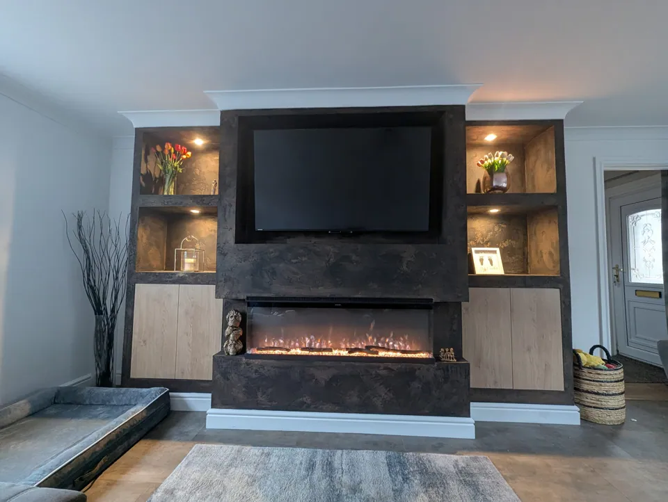 Bespoke media wall with recessed TV built by McKee Joinery in Ayrshire