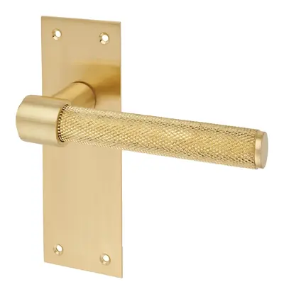 Thomaston Knurled lever door handle in satin brass (H21) – McKee Joinery, Ayrshire